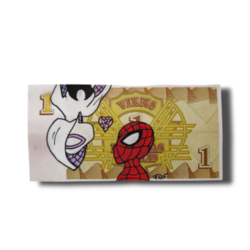 Spider-man et spider-gwen sur billet authentique de lituanie – œuvre originale peinte à la main