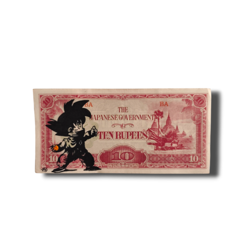 Son goku enfant peint à la main sur billet ancien de 10 roupies japonaises