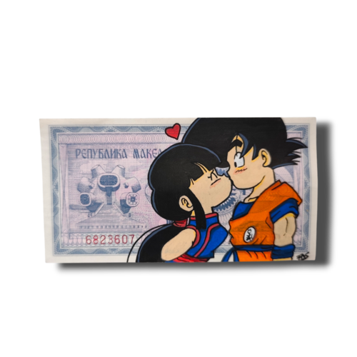 Peinture originale dbz sur véritable billet de macédoine – goku & chichi "first kiss" – pièce unique de collection