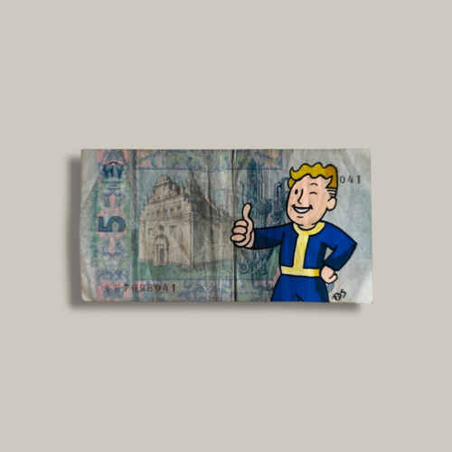 Vault boy de fallout sur billet authentique d’ukraine