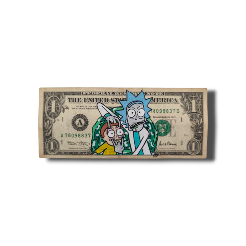 Œuvre pop art unique – rick et morty sur véritable billet de 1 dollar us