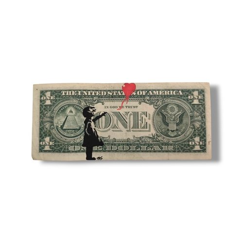 Oeuvre pop art – "la petite fille au ballon" (hommage à banksy) sur véritable billet de 1 dollar us