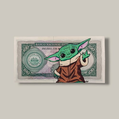 Peinture pop art grogu (baby yoda) sur véritable billet de banque de l'angola – fait main en france