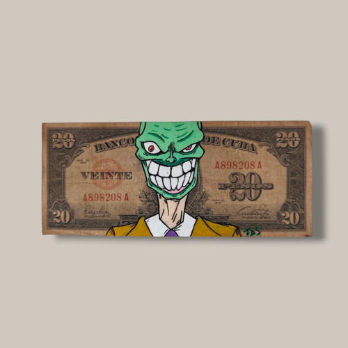 Œuvre originale "the mask" – peinture pop art sur authentique billet de cuba (20 pesos)