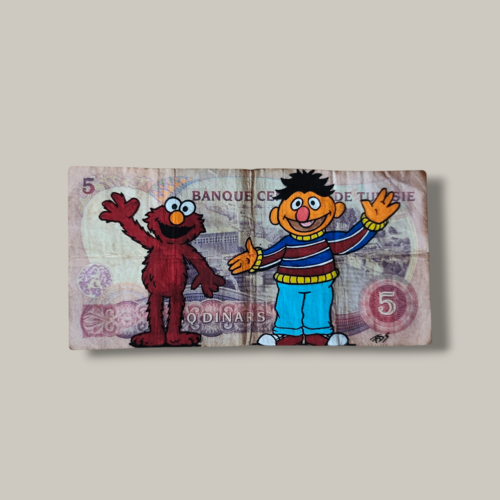Peinture pop art originale d’elmo & bart (sesame street) sur véritable billet de 5 dinars de tunisie – œuvre unique signée