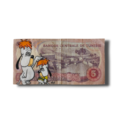 Peinture pop art droopy & dripple sur authentique billet de 5 dinars tunisie – pièce unique