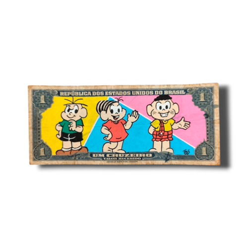 Peinture pop art populaire - "turma da mônica" sur véritable billet de banque ancien du brésil