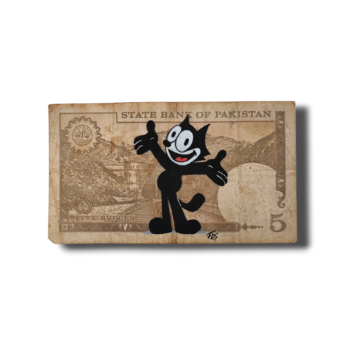 Peinture originale félix le chat sur véritable billet du pakistan 5 rupees