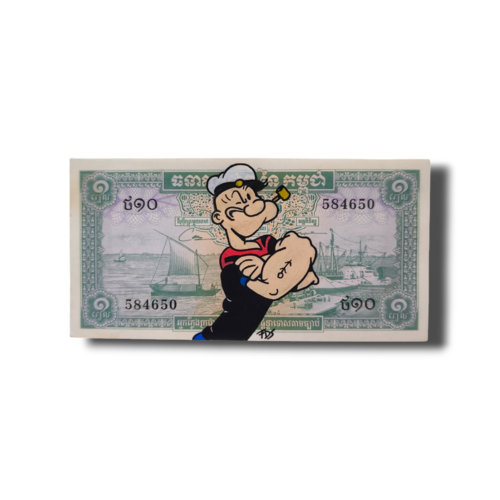 Peinture sur vrai billet cambodge - popeye le marin | pop art fait main