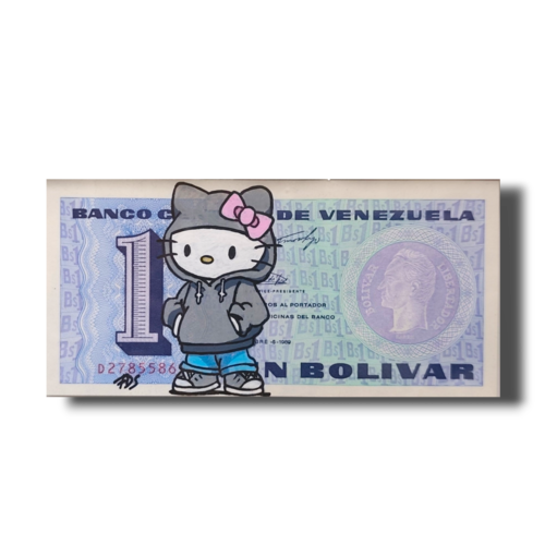 Œuvre pop art unique – hello kitty streetwear sur authentique billet du venezuela – peint à la main