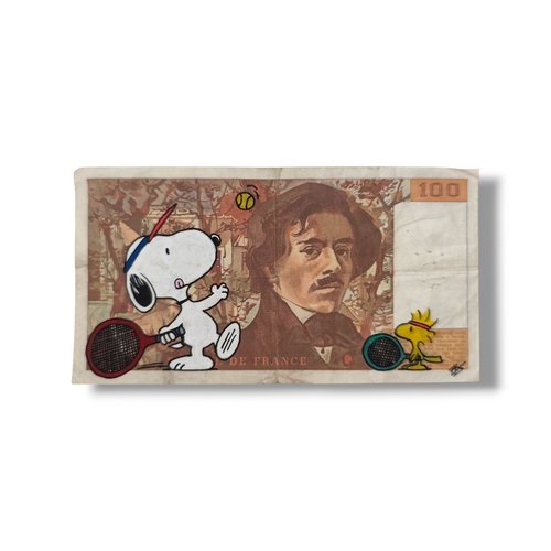Peinture pop art sur véritable billet de 100 francs delacroix – snoopy & woodstock à roland-garros