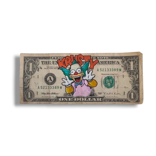 Peinture originale sur vrai billet de 1 dollar - "krusty le clown" pop art