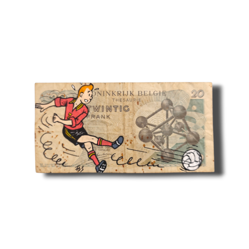 Tableau pop art unique - tintin joue au foot sur un vrai billet belge - spécial foot 2026