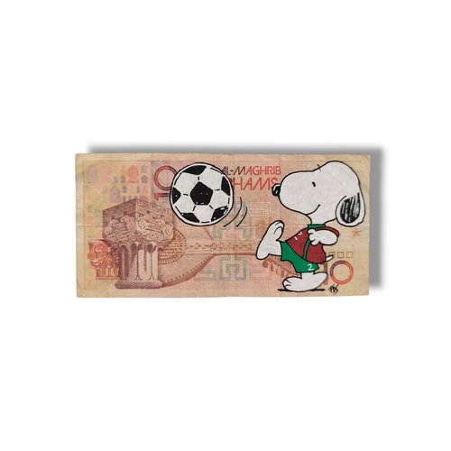 Peinture originale snoopy maroc sur vrai billet – édition coupe du monde 2026