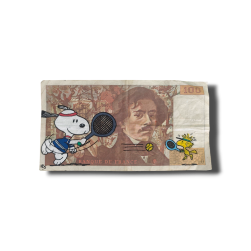 Peinture originale snoopy sur véritable billet de 100 francs delacroix – pop art unique