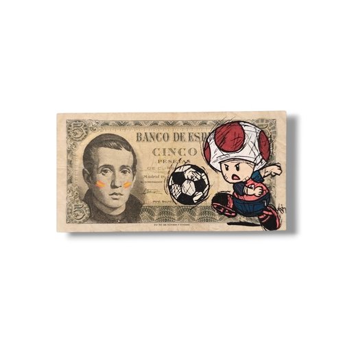 Peinture originale toad footballeur (espagne) sur authentique billet espagnol de 1954 - édition coupe du monde 2026
