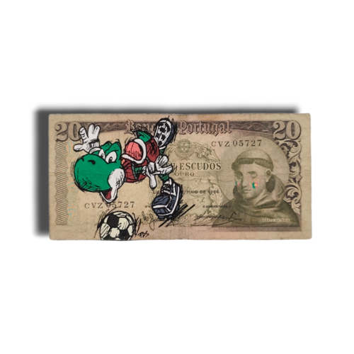 Peinture originale "yoshi au portugal" sur authentique billet de 20 escudos