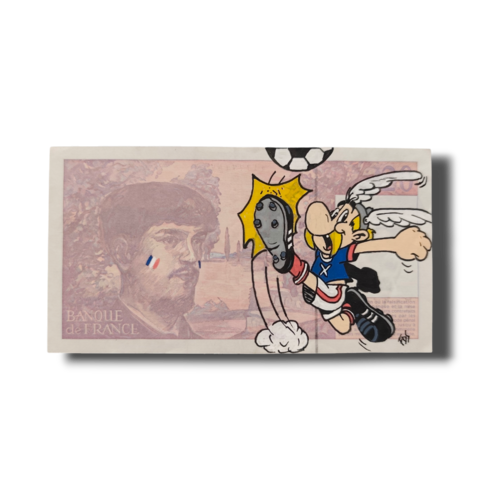Œuvre d'art originale astérix supporter france - peinture sur billet de banque ancien