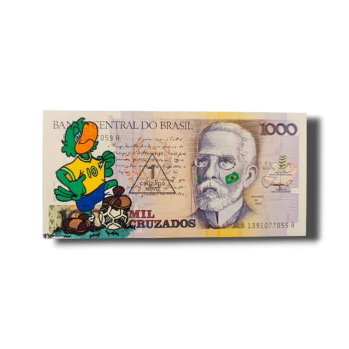 Peinture unique pop art zé carioca - customisation sur véritable billet du brésil - édition foot coupe du monde 2026