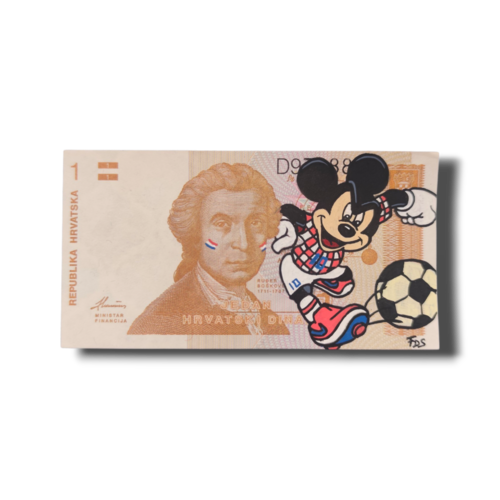 Peinture originale mickey footballeur croatie sur vrai billet de banque - édition mondial 2026