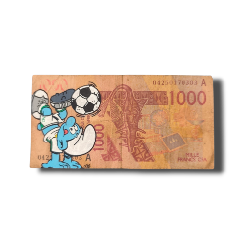 Billet 1000 francs cfa customisé - schtroumpf footballeur sénégal (coupe du monde 2026)