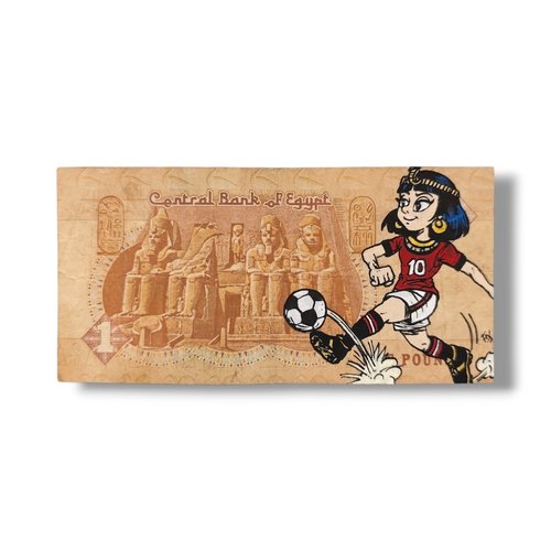 Œuvre unique - peinture sur vrai billet d'égypte "cléopâtre footballeuse - coupe du monde 2026"