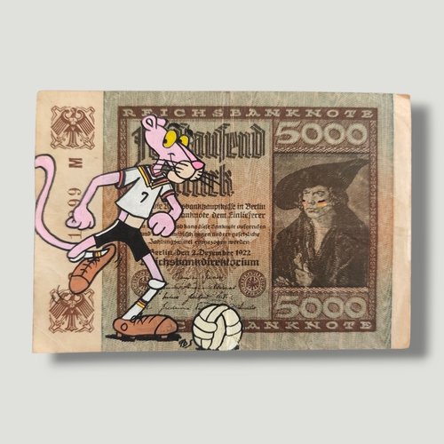 Peinture originale "le footballeur rose" sur authentique billet de 5000 marks 1922 - édition spéciale coupe du monde 2026
