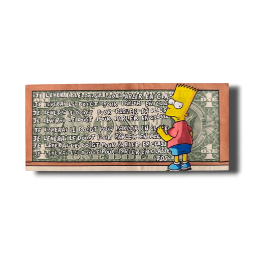 Peinture sur véritable billet de 1 dollar - bart simpson "la punition" - œuvre unique pop art