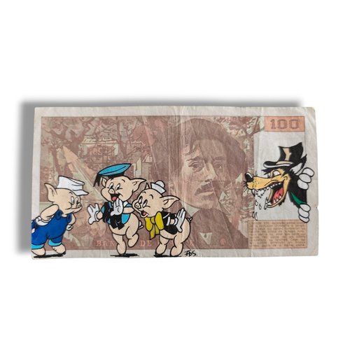 Peinture pop art sur véritable billet de 100 francs – "les 3 petits cochons & le loup"
