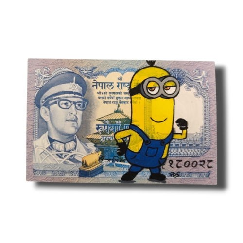 Peinture originale "kevin au népal" - pop art sur authentique billet de banque