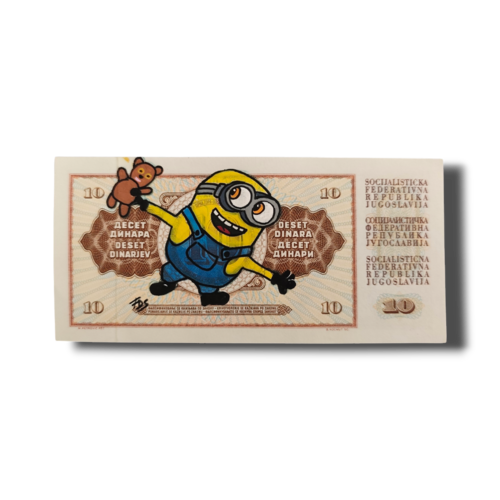 Peinture unique pop art - bob le minion sur véritable billet de yougoslavie retro