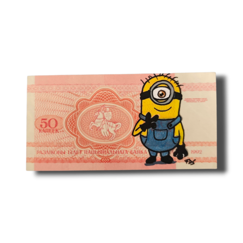 Dessin original de minion stuart sur véritable billet de biélorussie (1992) - pop art insolite