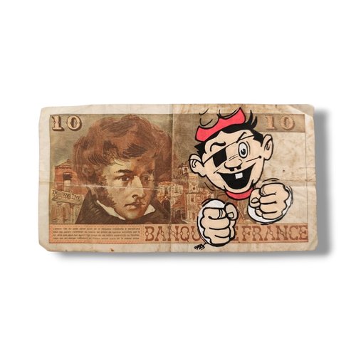Œuvre unique street art / custom sur véritable billet de 10 francs berlioz – filochard (les pieds nickelés)