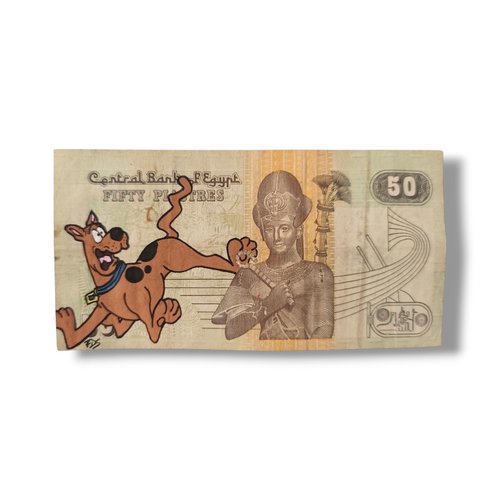 Illustration originale scooby-doo sur authentique billet égyptien - œuvre unique pop art