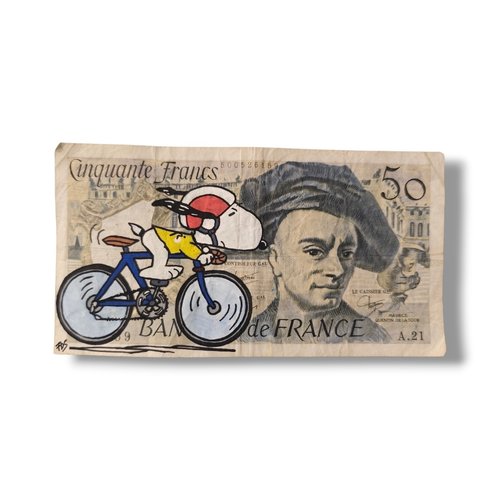 Peinture unique snoopy cycliste (maillot jaune) sur authentique billet de 50 francs