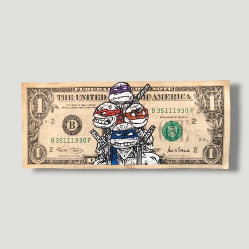 Création originale "cowabunga dollar" – les tortues ninja sur vrai billet us