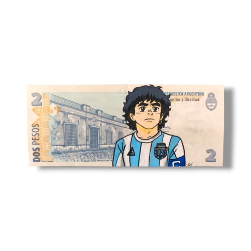 Peinture unique maradona sur authentique billet de 2 pesos d'argentine