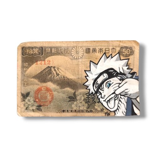 Peinture unique naruto sur véritable billet de banque japonais (1938) - déco manga