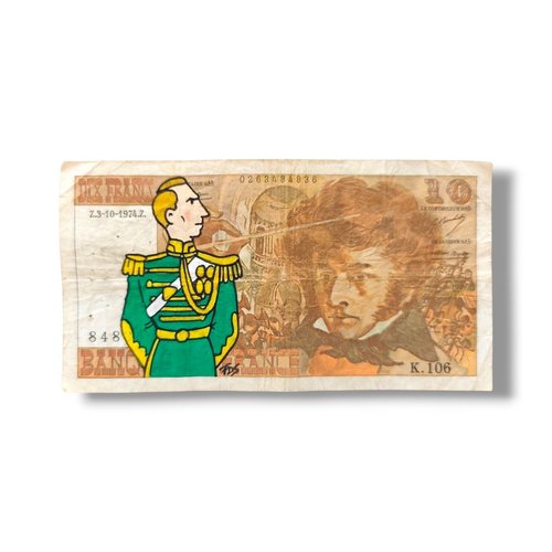 Portrait pop art d'hergé sur véritable billet de 10 francs berlioz