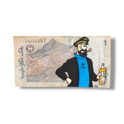 Œuvre pop art unique – capitaine haddock sur véritable billet de malaisie