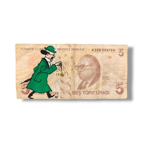 Le pendule du professeur tournesol – peinture originale sur vrai billet de turquie