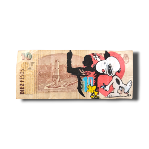 Peinture originale fait main snoopy & messi sur vrai billet d’argentine - déco pop art