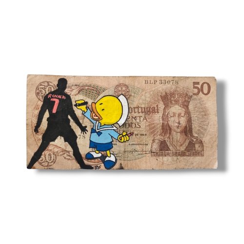 Peinture pop art "cr7 & o patinho tagueur" sur véritable billet ancien du portugal