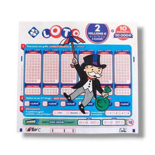 Dessin original oncle monopoly sur véritable ticket de loto - pop art fait main