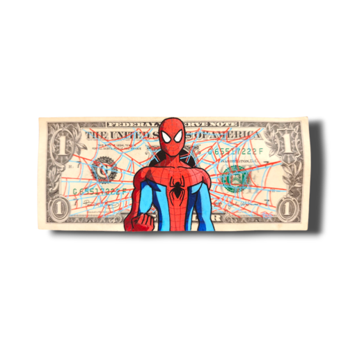 Illustration originale spider-man sur vrai billet de 1 dollar - pop art geek