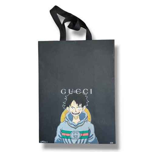 Peinture originale pop art luffy (one piece) sur sac gucci - fait main