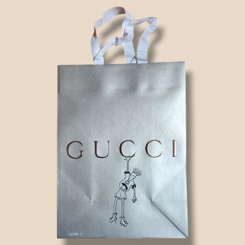 Création pop art originale fido dido sur authentique sac gucci 26x35 cm