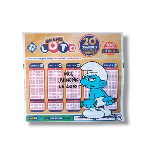 Tableau pop art schtroumpf grognon "moi j'aime pas le loto" - création originale sur ticket de jeux
