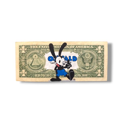Peinture originale oswald le lapin sur vrai billet de 1 dollar – style pop art / street art