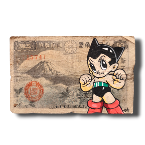 Peinture originale money art astro boy sur vrai billet japonais vintage - fait main